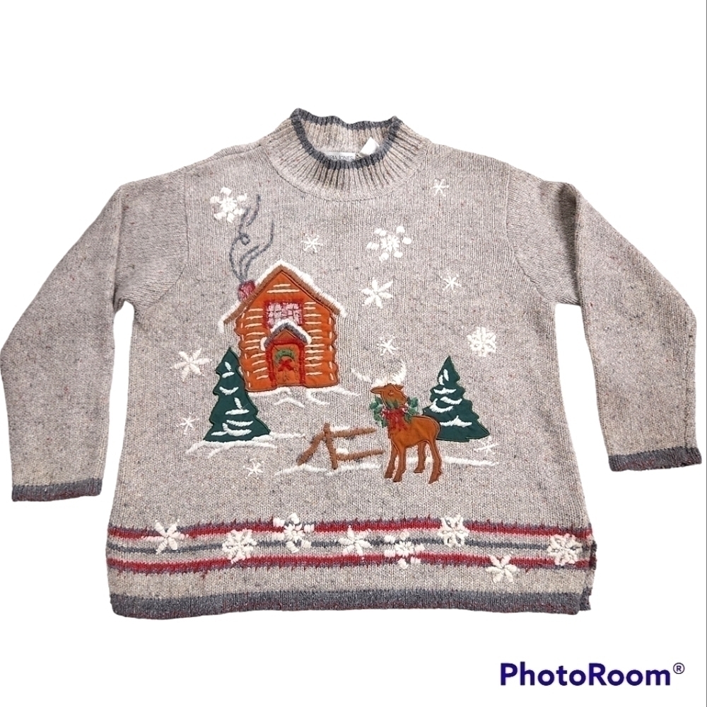 Ugly Christmas Sweater Embroidered Angora Wool Grandma Nature Plus Size 1X